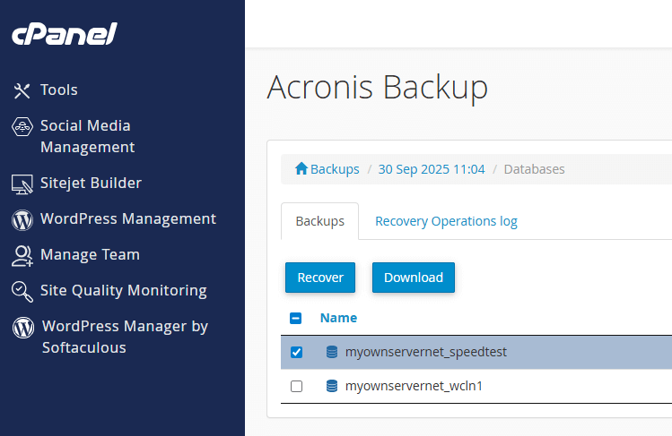 Acronis database restore dialog
