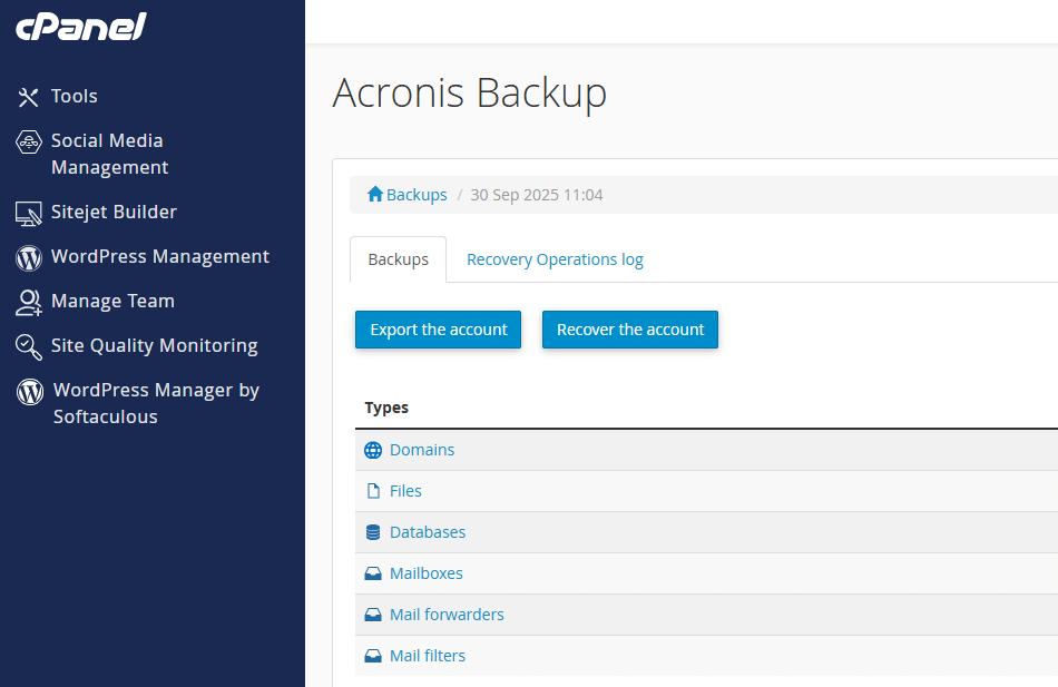 Acronis file browser with public_html selected